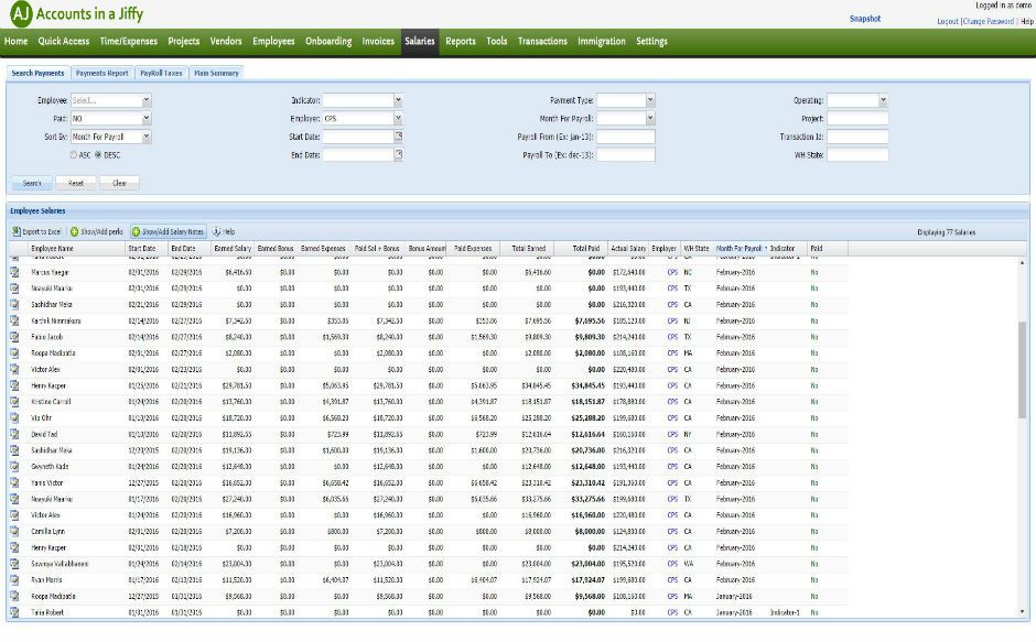 Accounts in a Jiffy screenshot: Salaries screen with payment search filters and a table of employee salaries