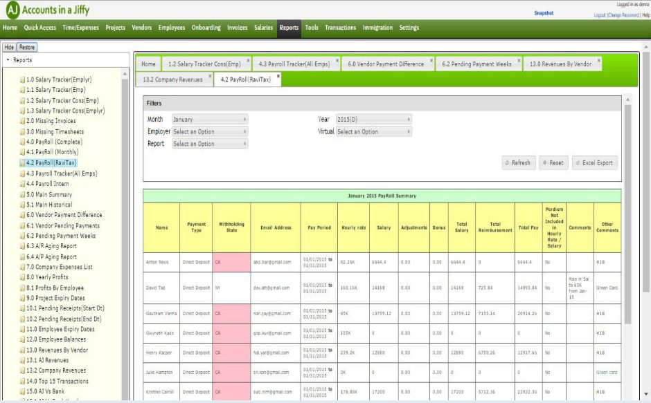 Accounts in a Jiffy screenshot: Monthly payroll summary report for all employees