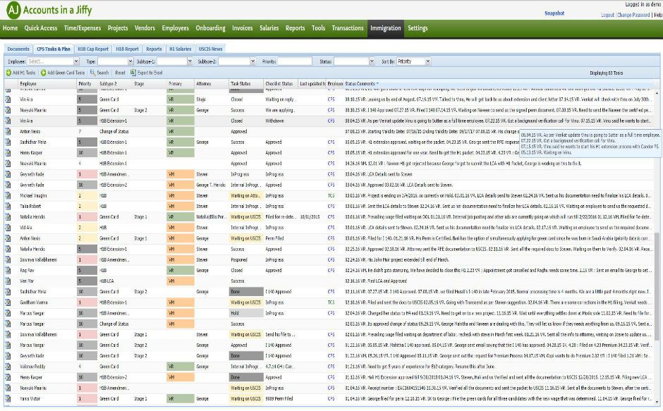 Accounts in a Jiffy screenshot: Immigration screen listing employee immigration cases with their status and comments