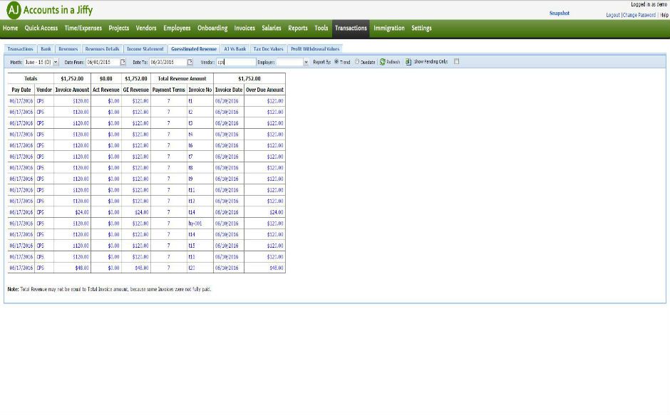 Accounts in a Jiffy screenshot: Transactions screen showing uncollected revenue by pay date and vendor