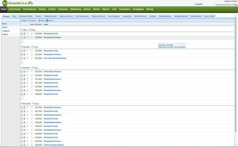 Accounts in a Jiffy screenshot: Home screen message center listing reminders such as missing data checks and missing physical invoices